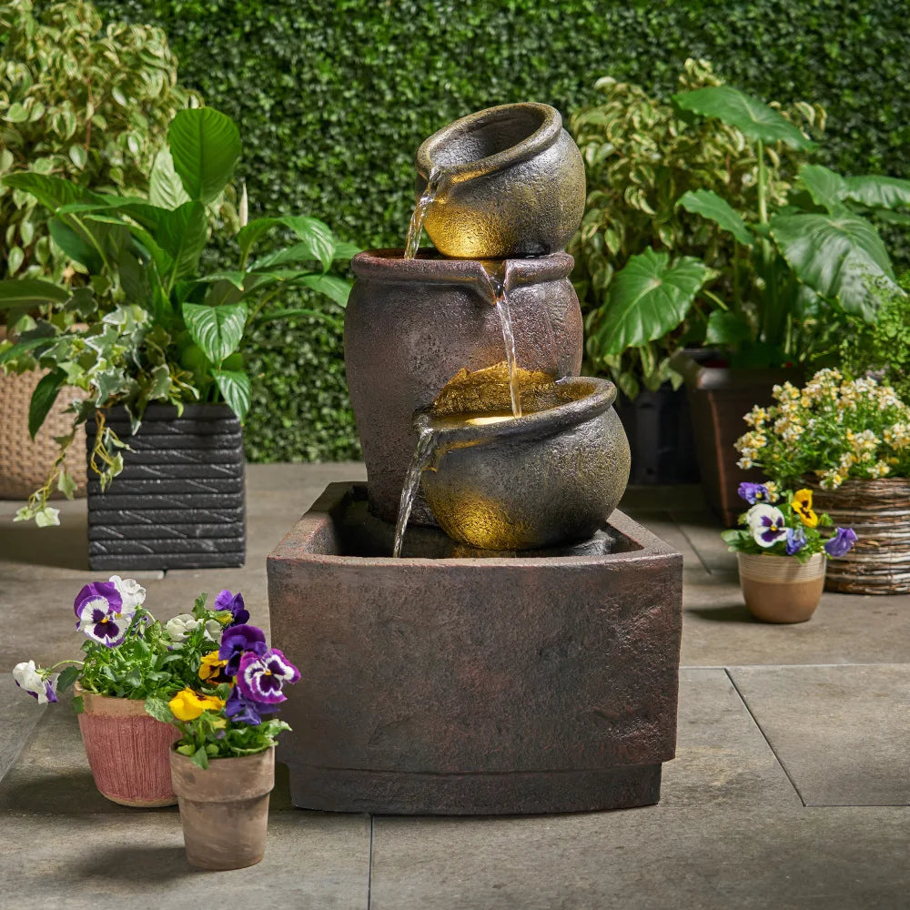 Three-Pot Tiered Cascading Outdoor Water Fountain with LED Lights