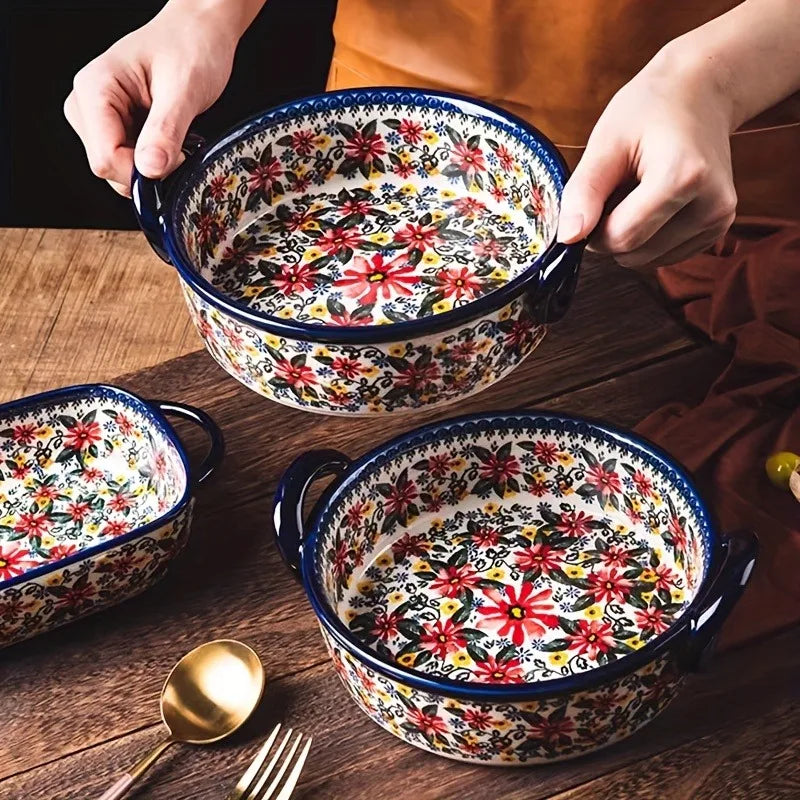 Polish Pottery Style 3-Piece Ceramic Cookware Set