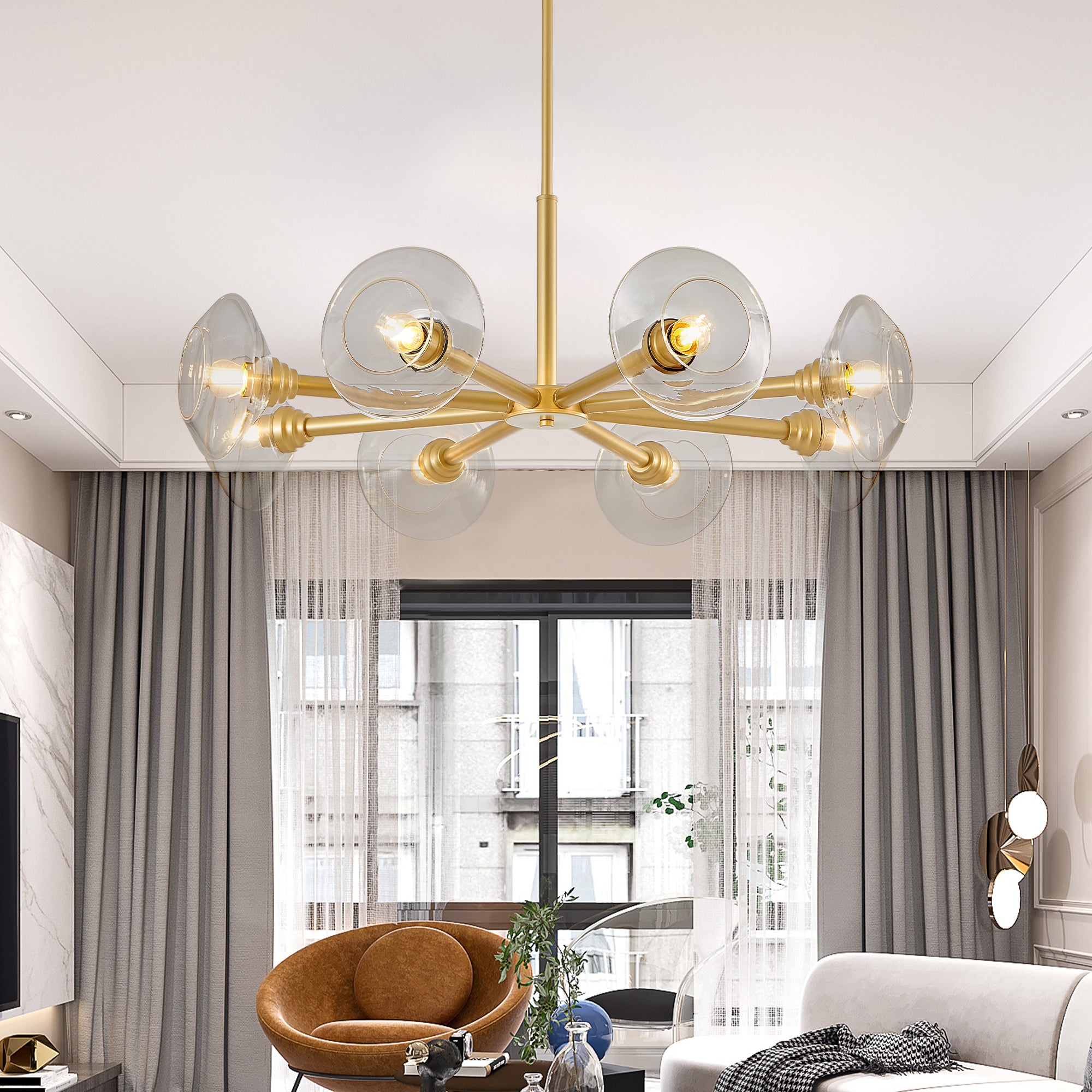 Soleil — 8-Light Gold Sputnik Chandelier with Clear Glass Shades