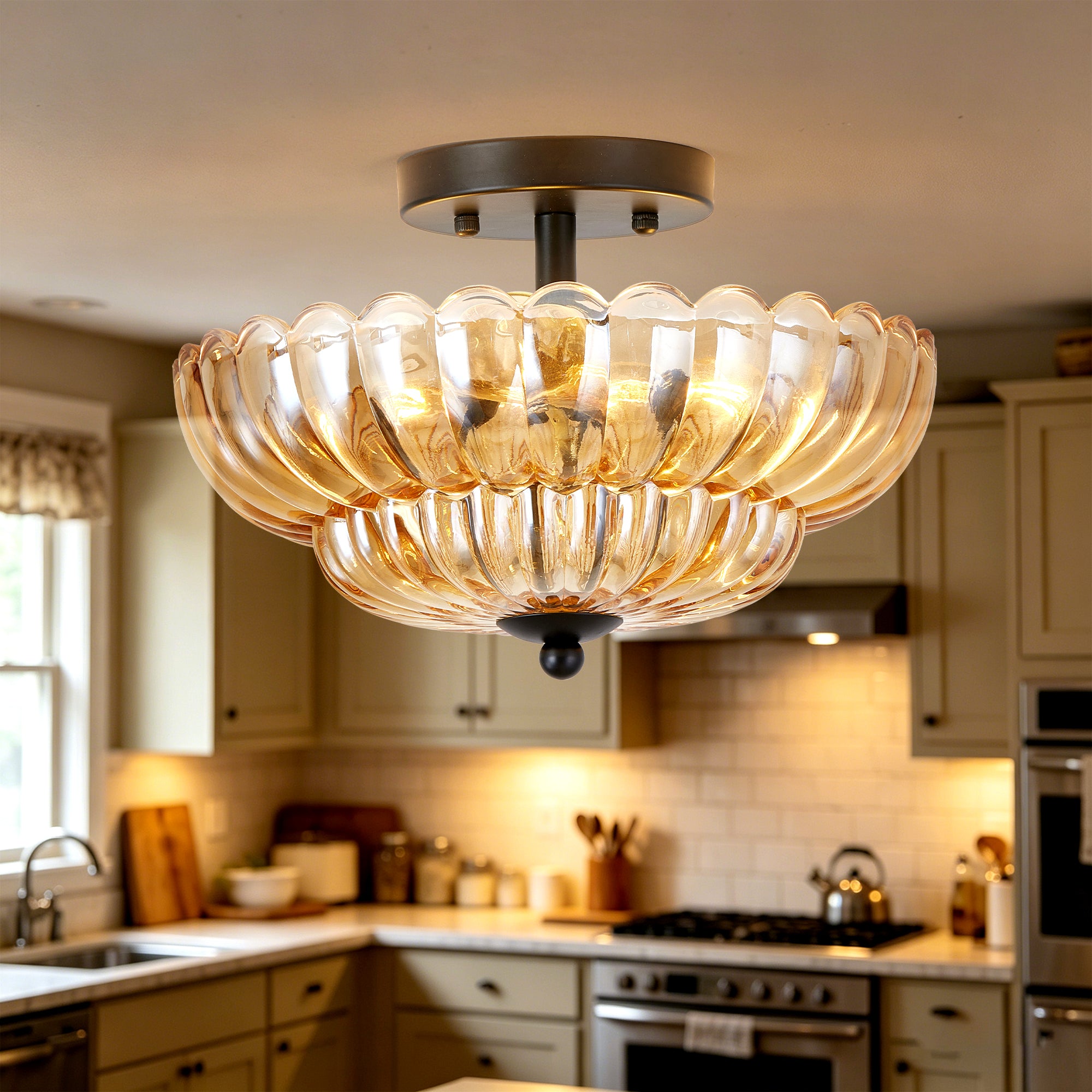 Bloom — 3-Light Amber Floral Glass Semi Flush Mount in Matte Black
