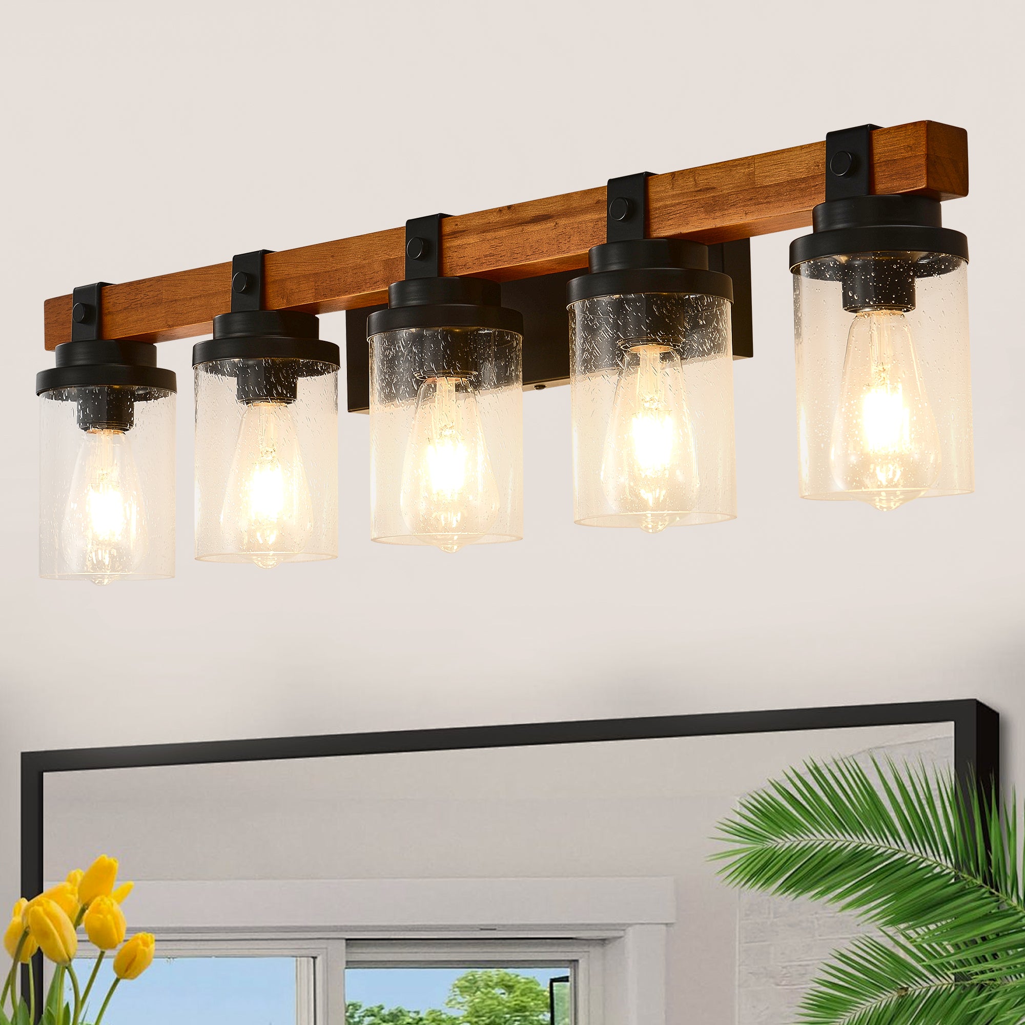 Hearth — 5-Light Matte Black & Wood Vanity Sconce with Clear Glass Shades