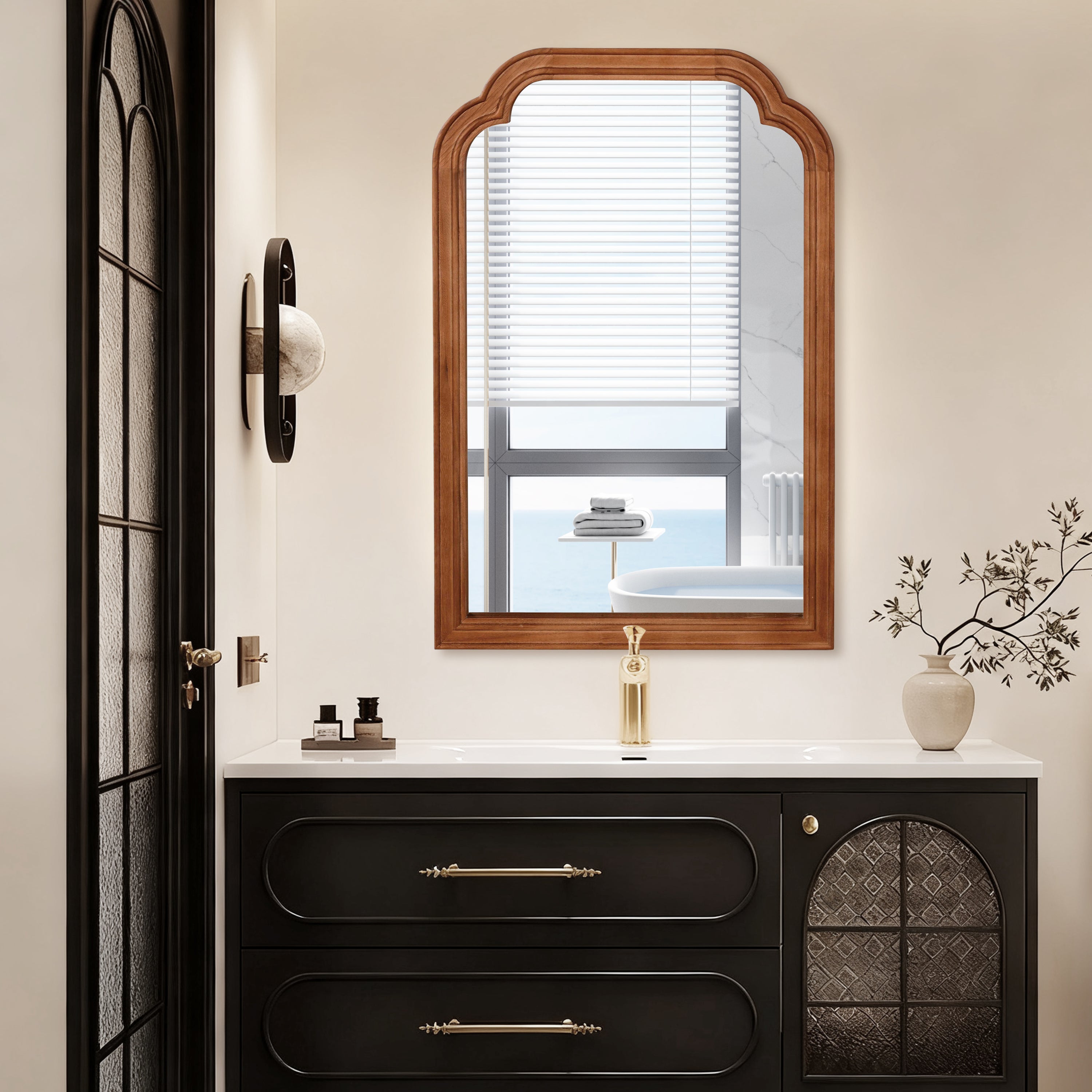 Adele — 24' x 36' Arched Solid Wood Mirror, Warm Walnut