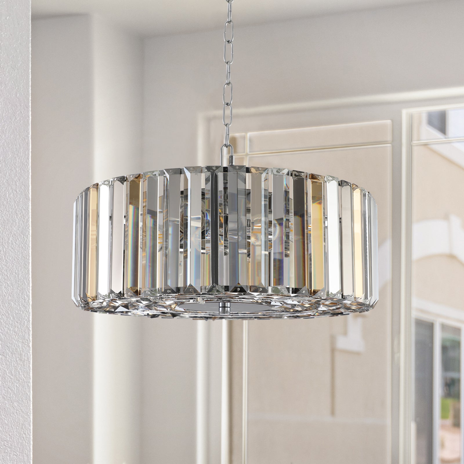 Solene — 17' 4-Light Crystal Drum Chandelier, Polished Chrome