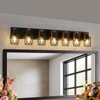 Timber & Iron — 7-Light Black Cage Vanity Wall Sconce with Walnut Accents