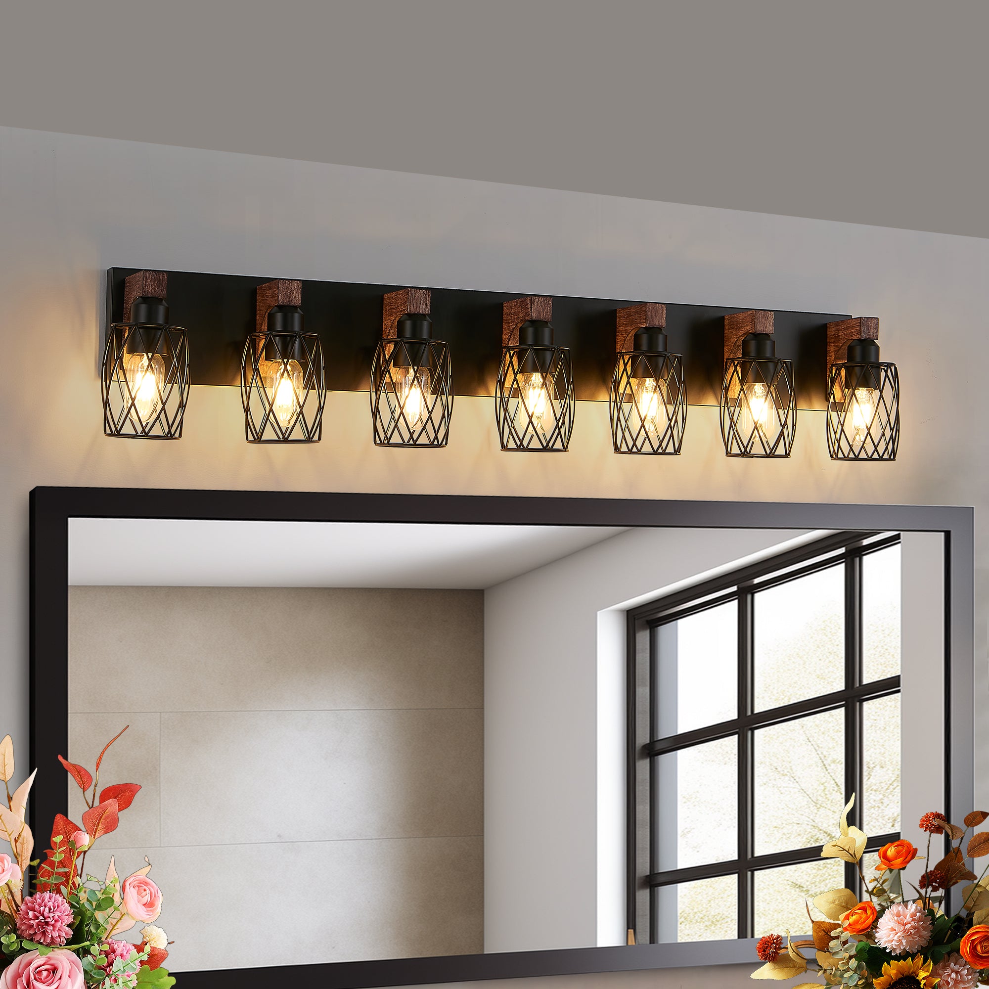 Timber & Iron — 7-Light Black Cage Vanity Wall Sconce with Walnut Accents